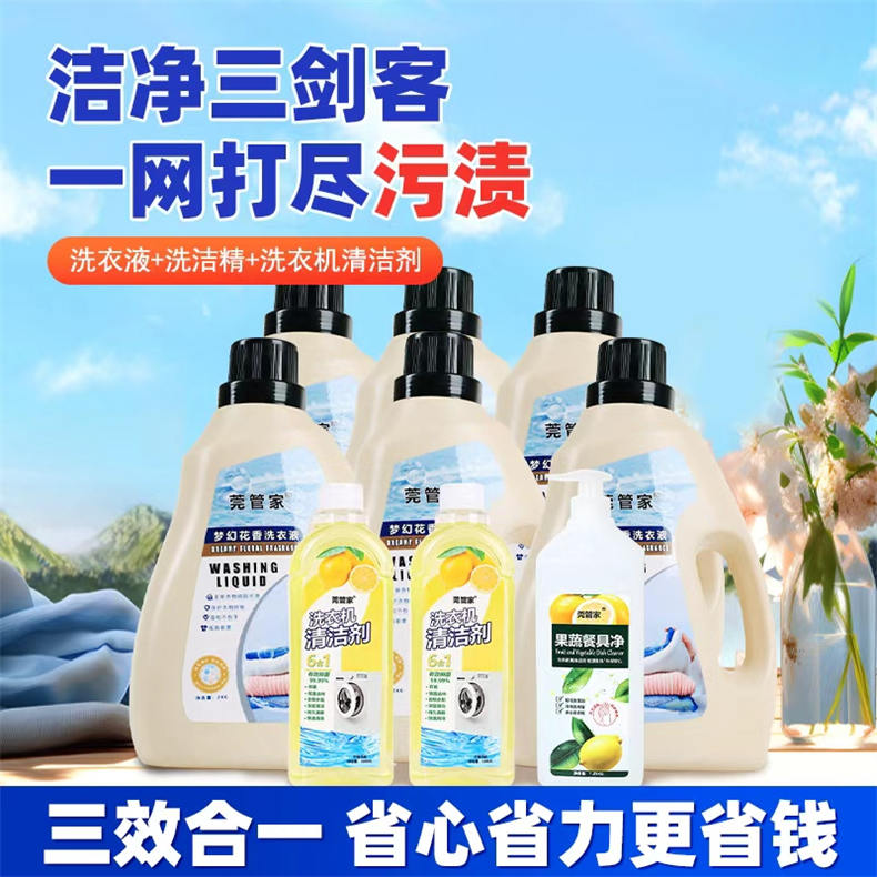 莞管家洗衣液家庭清洁套装（洗衣液*6瓶、洗衣机清洁剂*2瓶、果蔬餐具净*1瓶）（ZG）