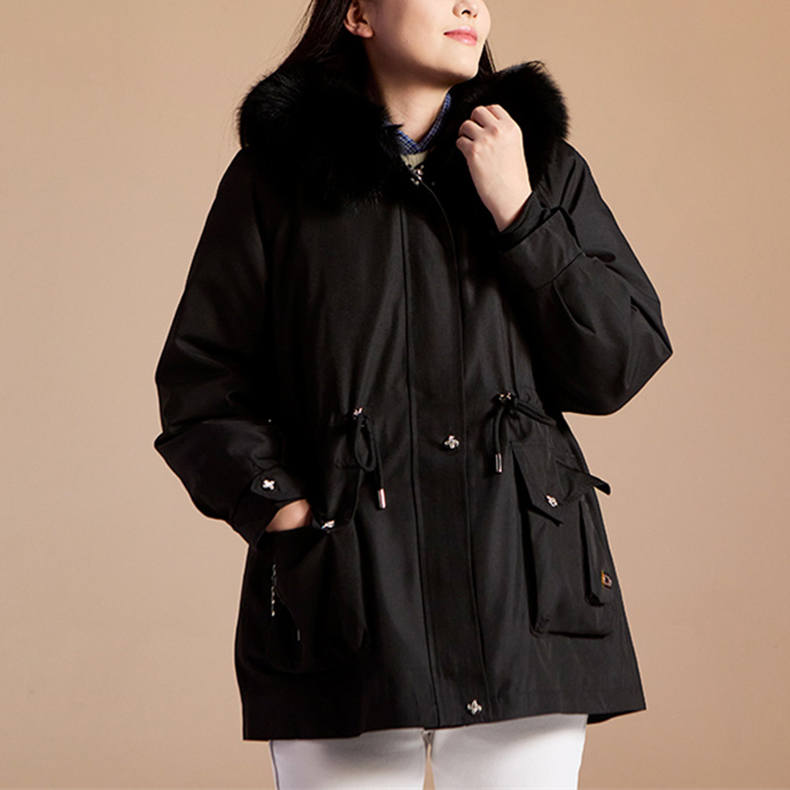 麦肯华威狐狸毛领经典兔毛女士派克服（BD） 黑色 L
